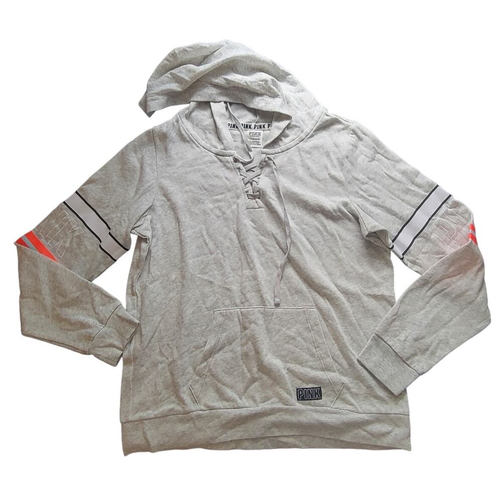 Victoria's Secret PINK Gray Lace-up Neck Pullover Hoodie Sweatshirt Women Small